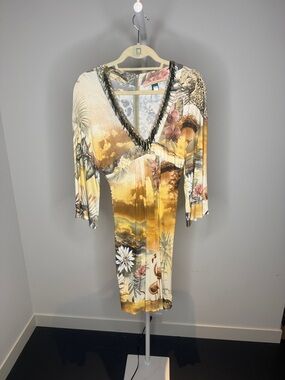 Class Roberto Cavalli Yellow Multi-Print V-Neck Midi Dress